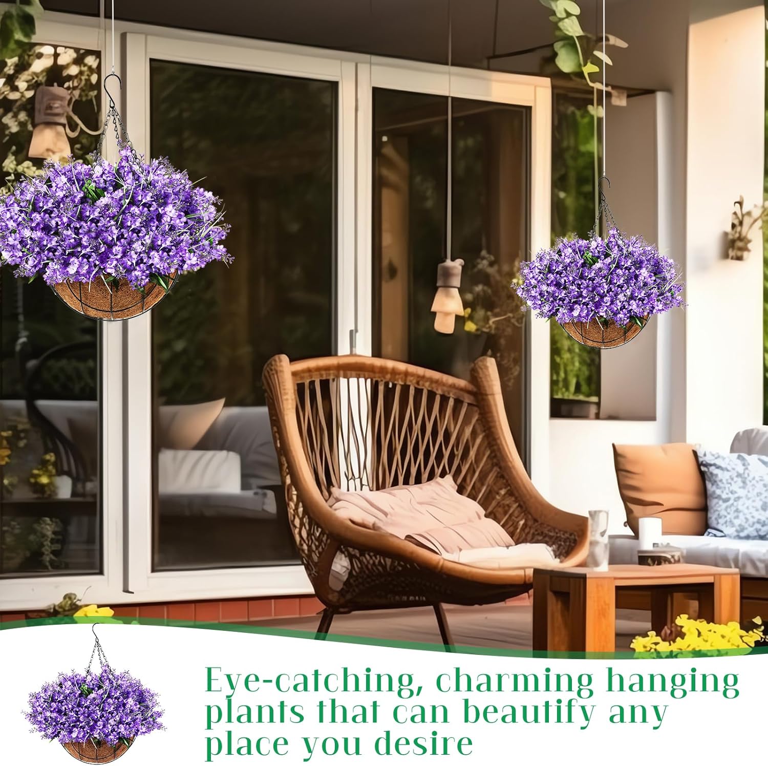 2 Pack Artificial Hanging Flowers in Basket for Spring Summer Porch Home Garden Yard Decoration Faux Hyacinth Arrangement Fake Plants in 12 Inch