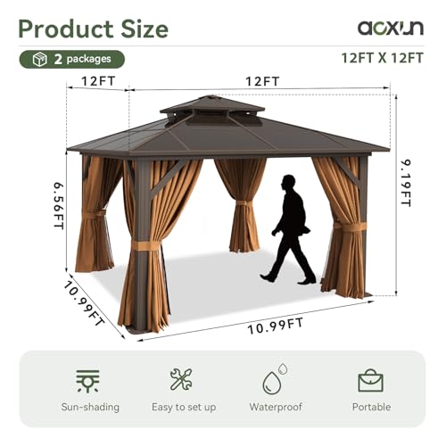Aoxun 12'x10' Hardtop Gazebo, Aluminum Frame Permanent Pavilion with Curtains and Netting, Outdoor Polycarbonate Double Roof Canopy