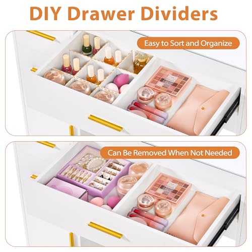 ANWBROAD Large Vanity Desk with Lighted Mirror White Makeup Vanity Set with Glass Top & Power Outlet & 7 Drawers Storage 3 Color Lighting Modes