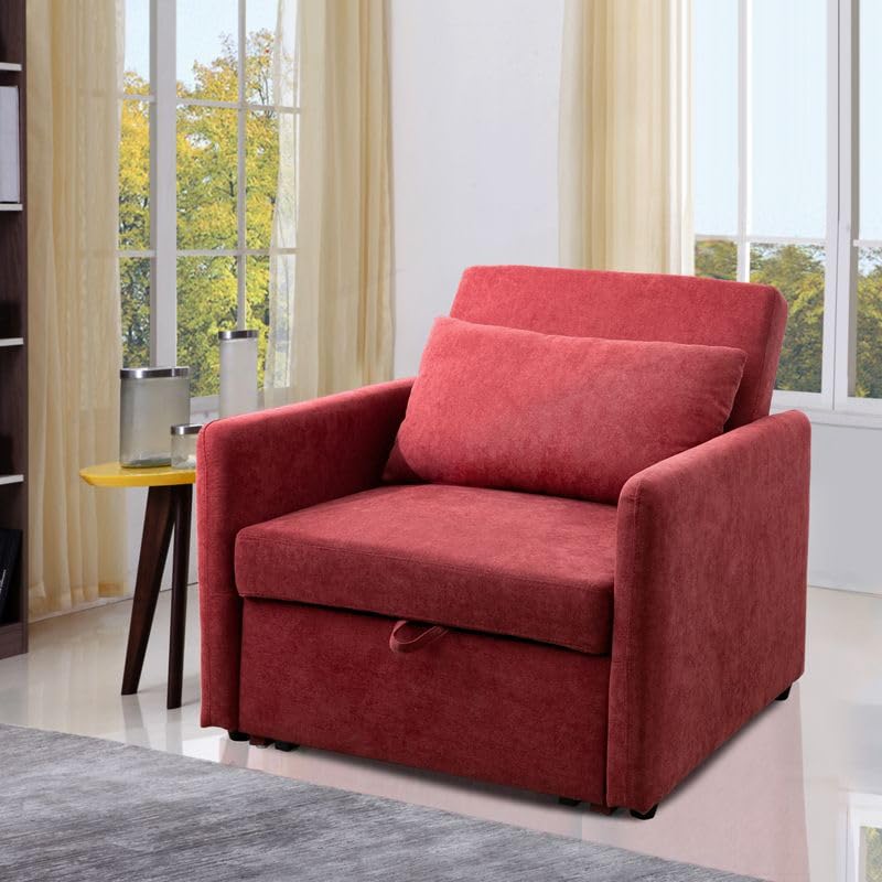 36 Inch Lint Sleeper Bed, 3-in-1 Convertible Futon Love Seat Sofa Couch, Adjustable Reading Accent Chair with Pillows for Living Room,Bedroom, Red