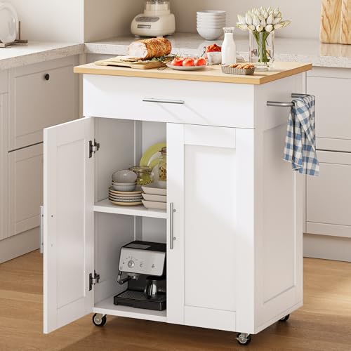 Kitchen Island with Storage, 31.5" D Rolling Kitchen Island Cart on Wheels with Widen Drop Leaf Rubberwood Top