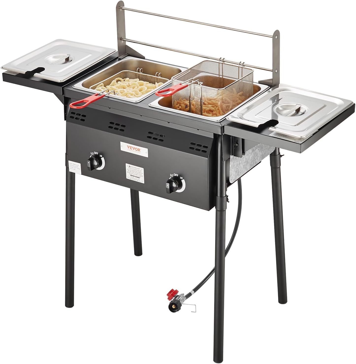 VEVOR Outdoor Propane Deep Fryer, Double Burners Commercial Fryer, 16 Qt Stainless Steel Cooker with Removable Baskets & Lids & Tanks