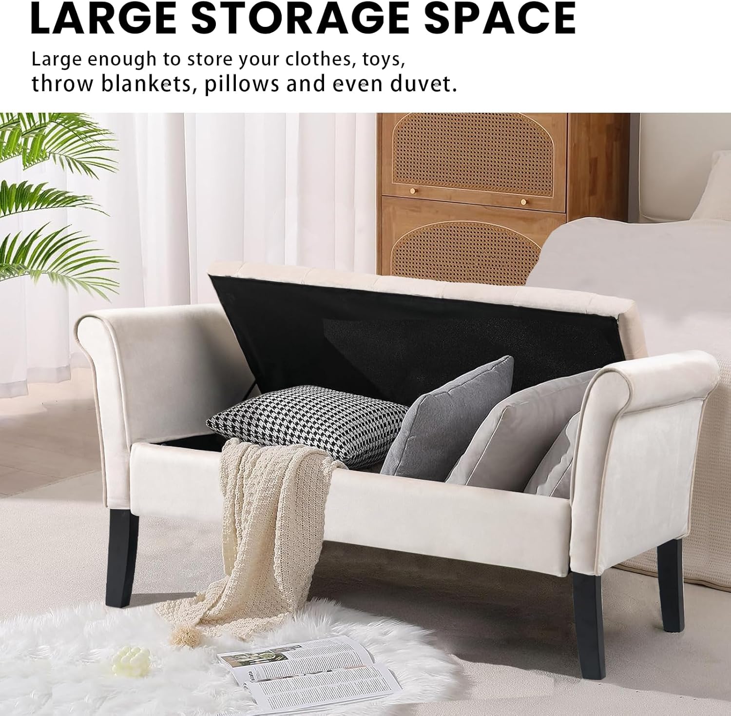 Storage Bench for Bedroom, 51" Tufted Large Upholstered Storage Ottoman End of Bed Bench, Rolled Arm Entryway Bench (Beige)
