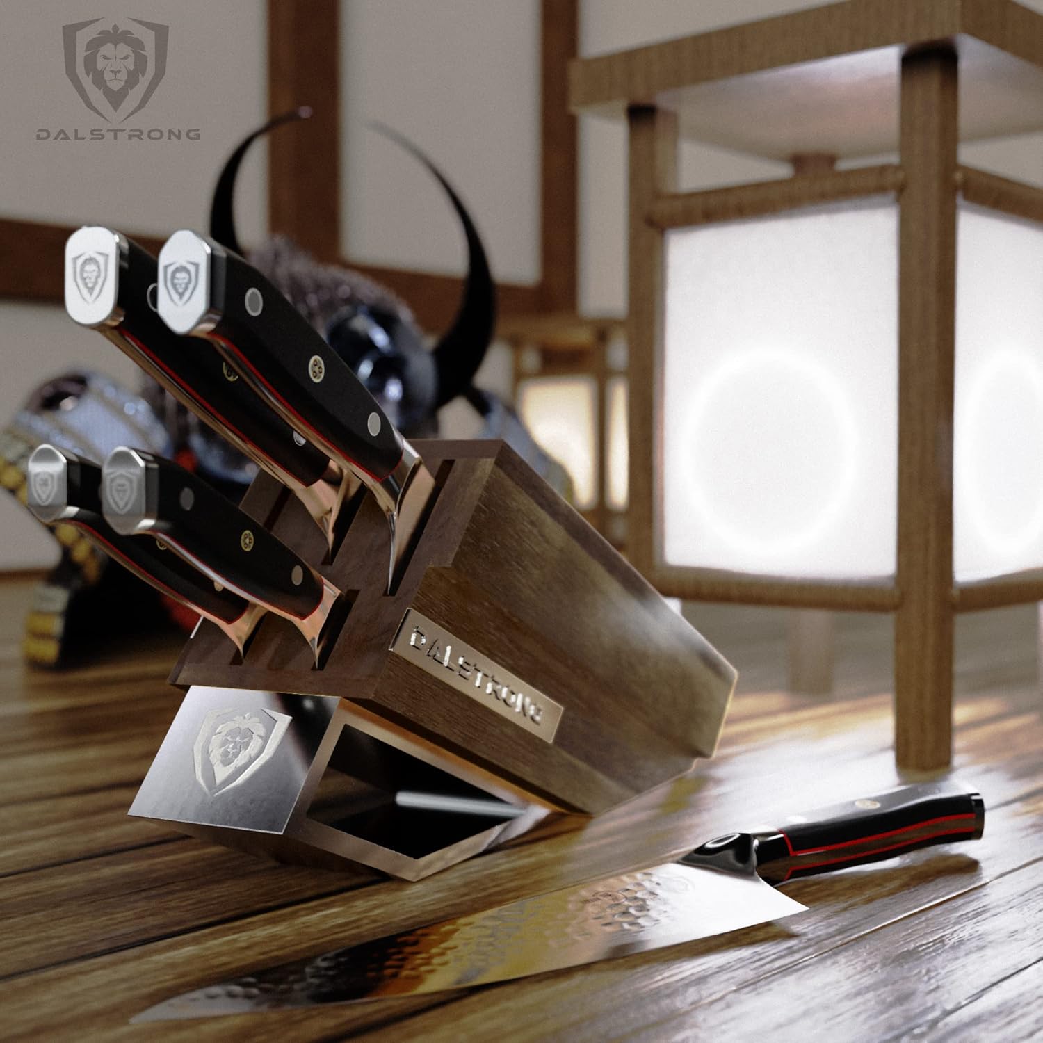 DALSTRONG Knife Block Set - 5 Piece - Shogun Series ELITE - AUS-10V High-Carbon Japanese Steel - Black G10 Handles - Acacia Wood - Damascus