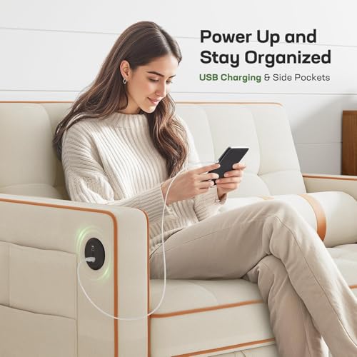 Marsail Sofa Bed, 3-in-1 Convertible Sleeper Sofa, Futon Couch with USB Charging, Side Pockets & Adjustable Backrest, Pull Out Couch for Living Room