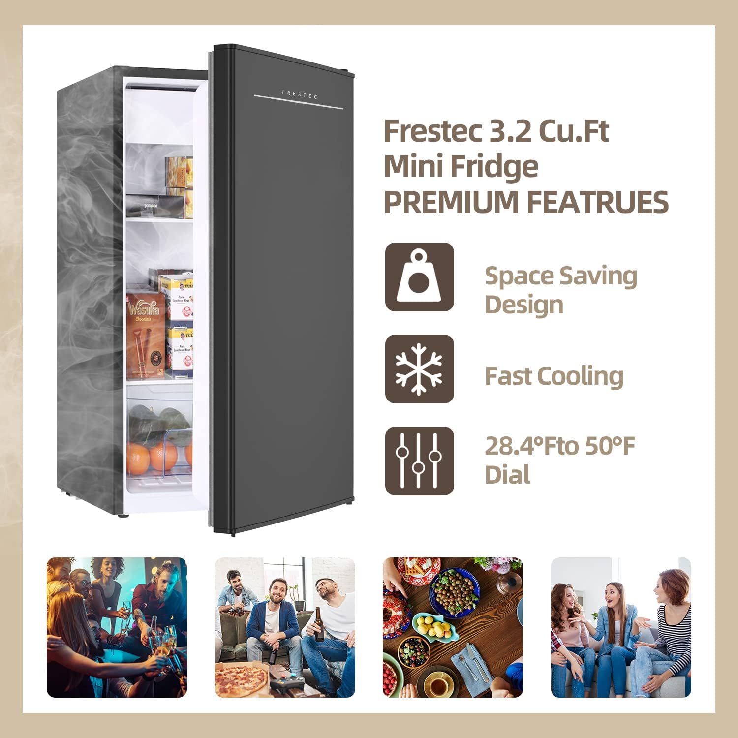 Frestec 3.2 Cu.Ft. Small Refrigerator with Freezer, Mini Fridge for Bedroom, Mini Dorm Refrigerator, One-Touch Defrosting System, Energy Saving