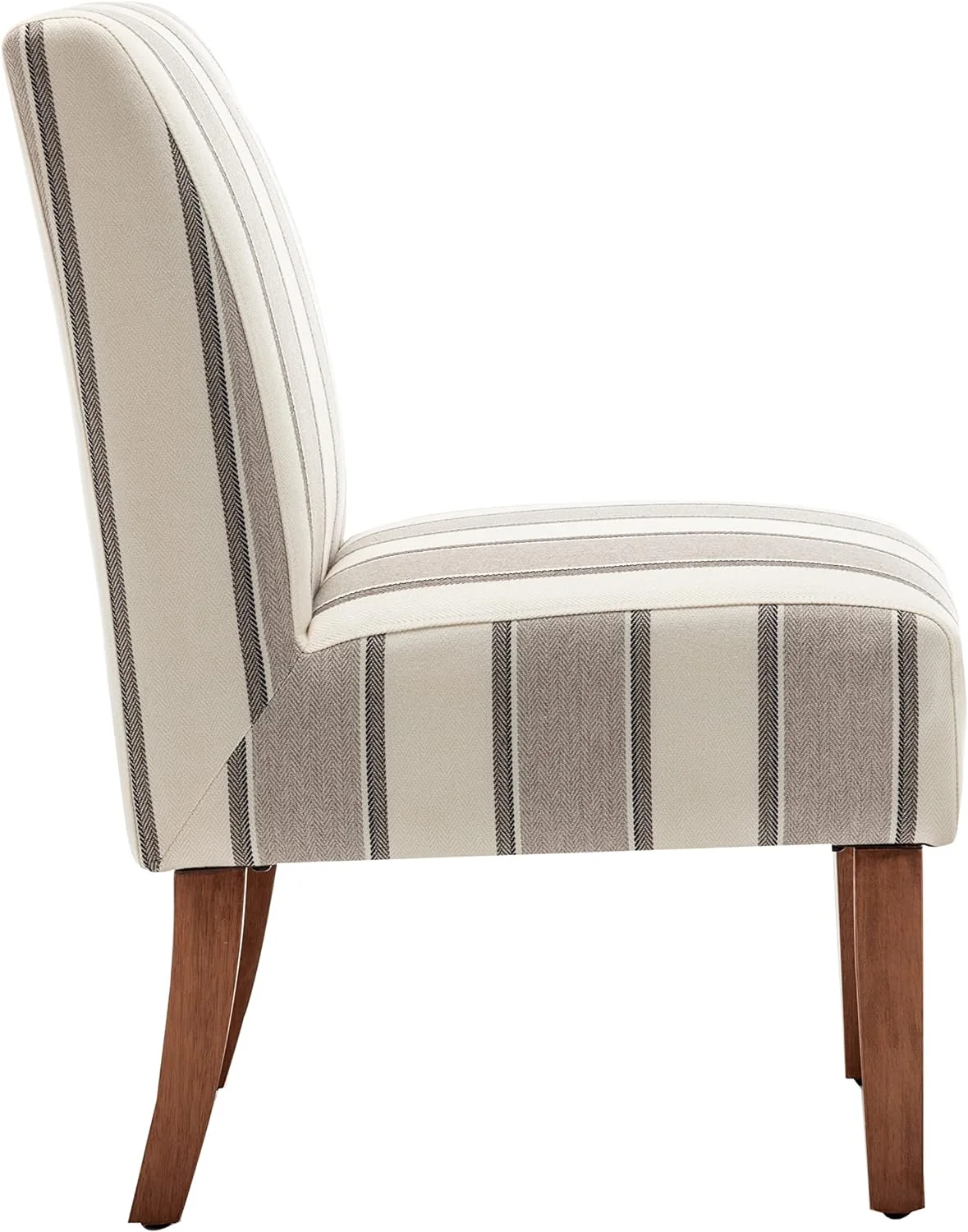 Classic Armless Slipper Accent Chair With Wood Legs, Wide Brown And White Stripe Fabric