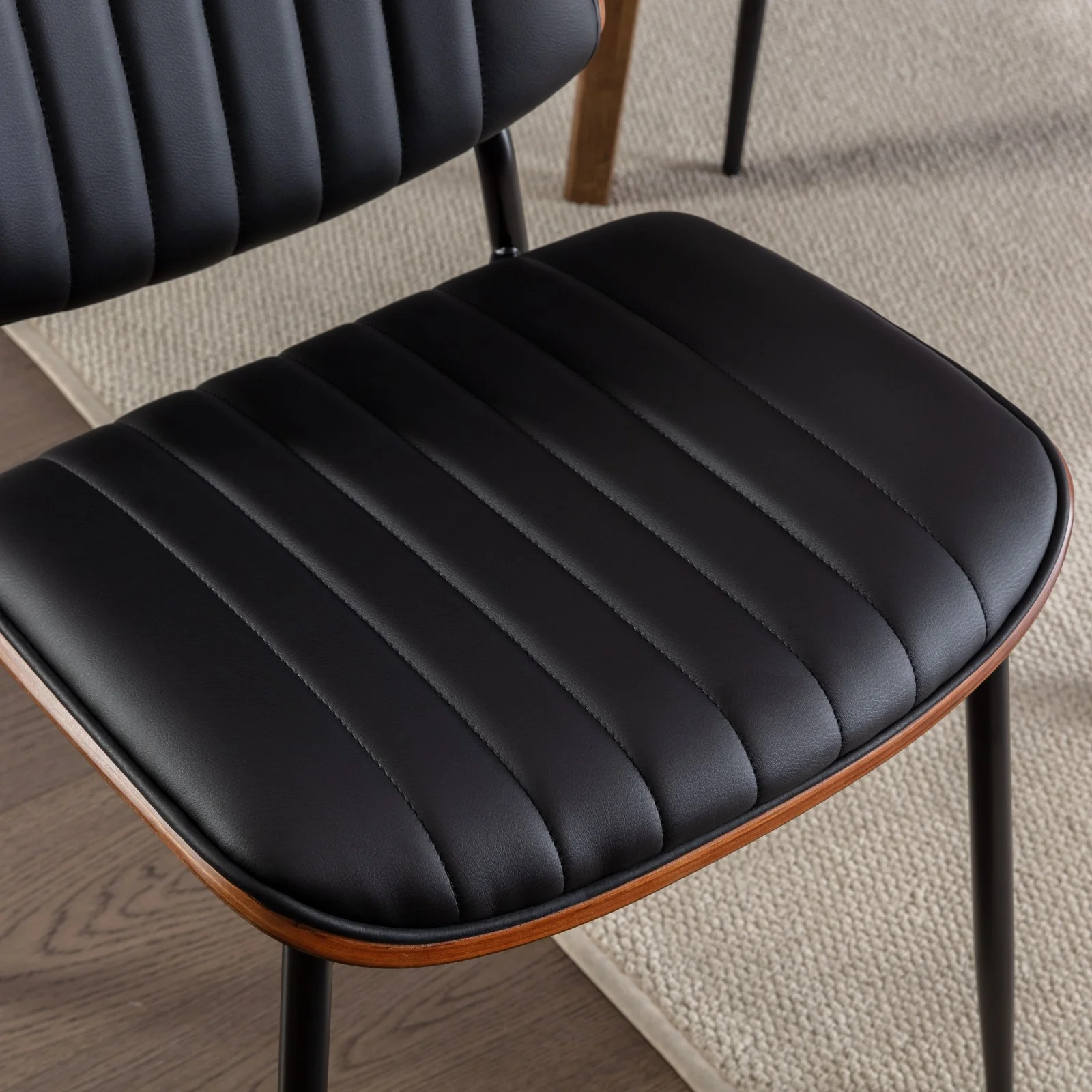 Bedluxury Dining Chairs Set of 2,Mid Century Modern Faux Leather Chair with Walnut Bentwood Back,Upholstered Seat Metal Legs for Kitchen,Living Room