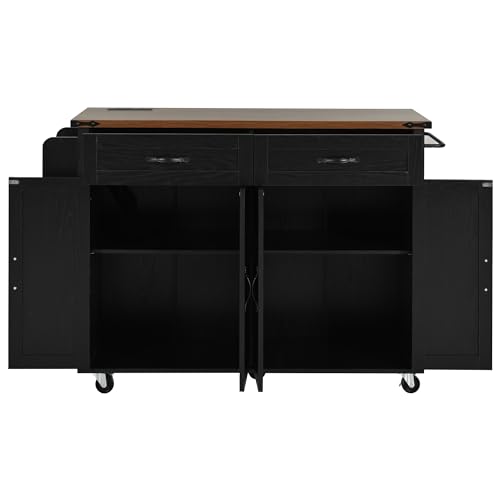 Kitchen Island Cart With Power Outlet, 2 Doors, Drop Leaf, Spice Rack, 2 Drawers - Rolling Storage Cart on Wheels for Home and Dining Room - White