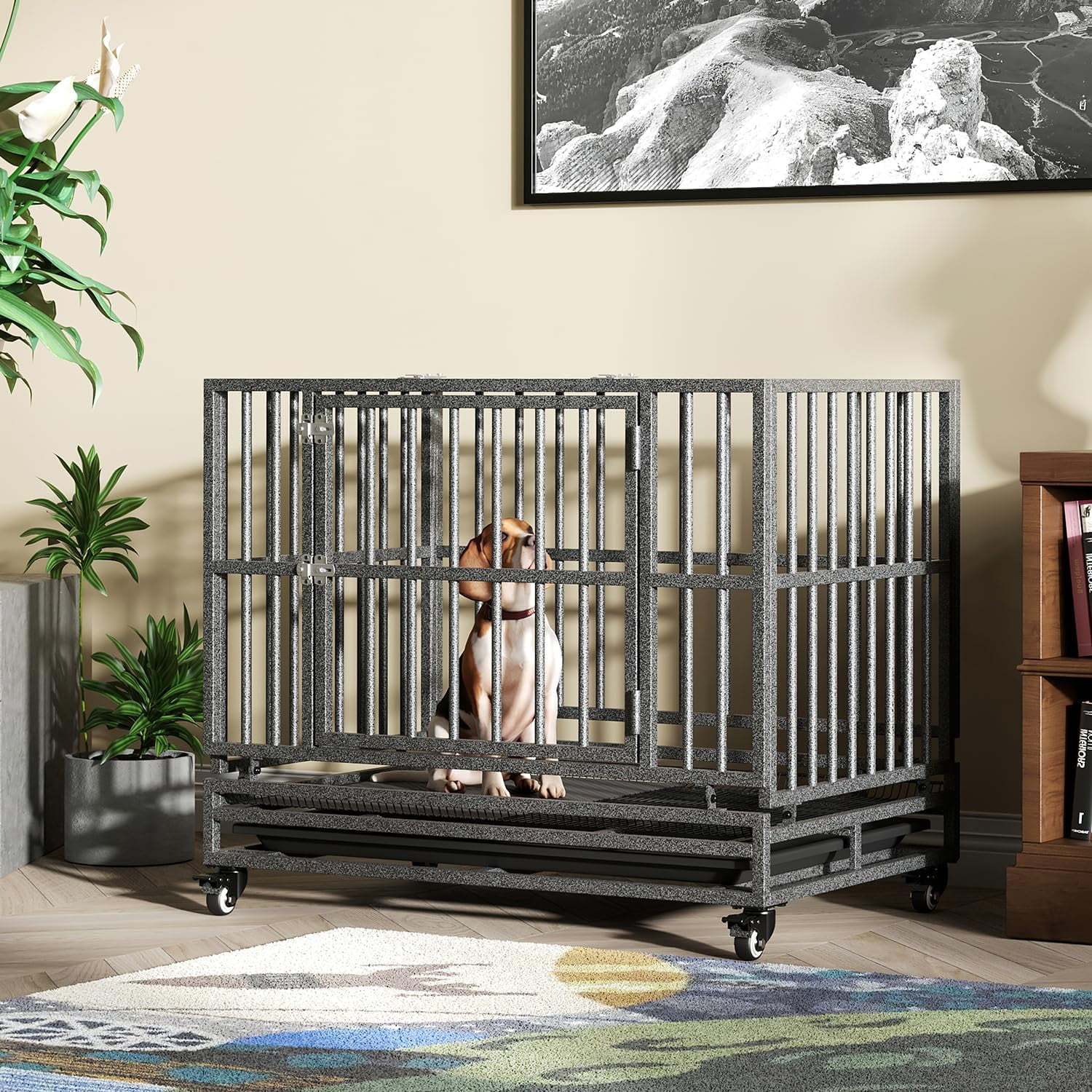 Luckyberry Heavy Duty Extra Large Indestructible Dog Crate Kennel Indoor with Lockable Wheels and Removable Tray 38 Inch