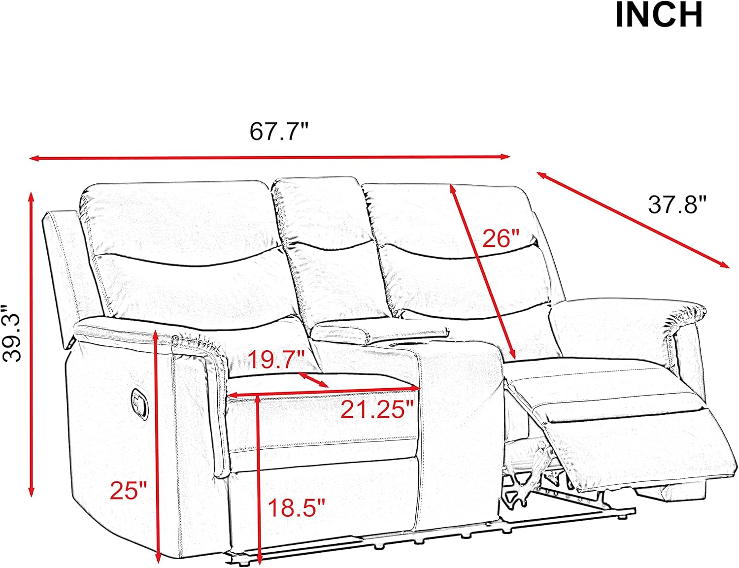 Faxu Leather Love, Manual Double Reclining Loveseat Sofa, Home Theater Seating with Storage Console