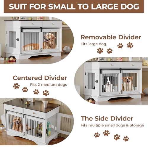 Dog Furniture Crate, 47" Large Dog Crate Furniture w/ 2 Storage Draws & Removable Divider for Large/Medium/Small Dogs (Grey, One Cage)