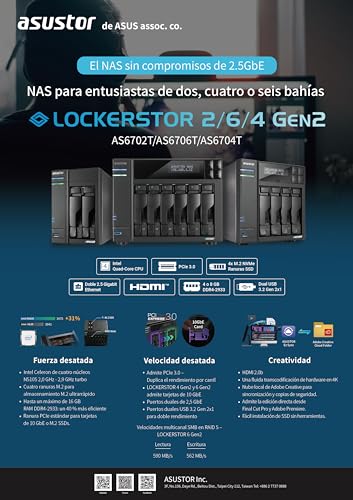 Asustor Lockerstor 4 Gen2 - AS6704T | 4-Bay NAS, Quad-Core 2.0GHz Processor, 4 M.2 NVMe Slots (PCIe 3.0), Dual 2.5GbE, Expandable to 10GbE
