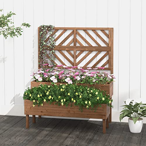 Giantex Raised Garden Bed with Trellis, 2-Tier Wooden Planter Box with Legs and Drain Holes, Garden Trellis for Vine Fruit Vegetable Flower Herb