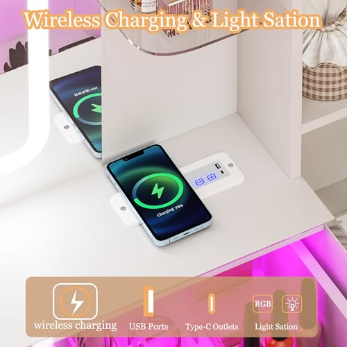 Vanity Desk with Mirror and LED Lights, 43" Makeup Vanity with Glass Top & Wireless Charging, Vanity with RGB Drawers, 3 Colors Light