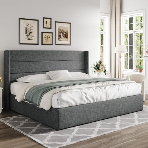 Allewie Full Size Lift Up Storage Bed, Modern Wingback Headboard, Hydraulic Support, No Box Spring Needed, Light Beige