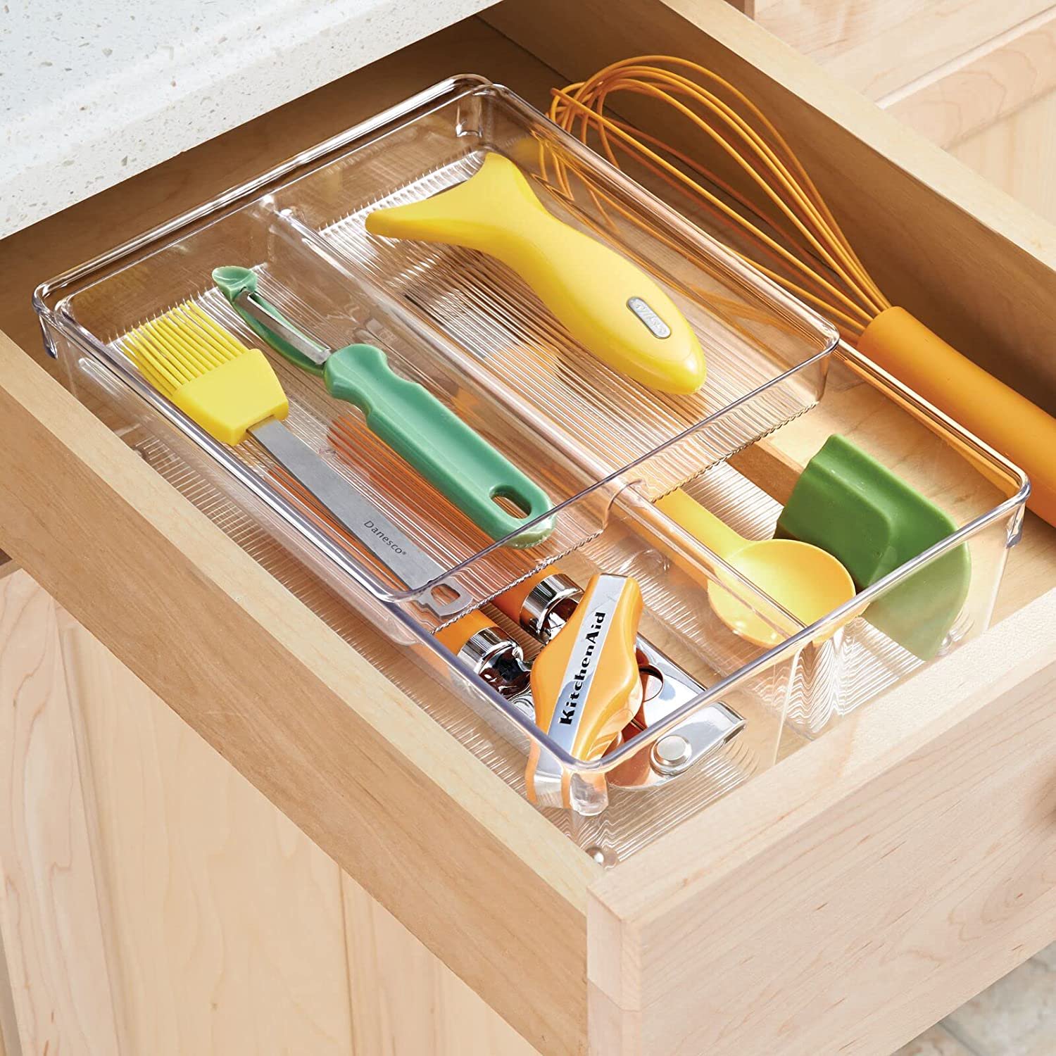 Plastic Stackable Kitchen Drawer Organizer with 2-Tier Tray - Fits Cabinet, Pantry, Refrigerator, Freezer