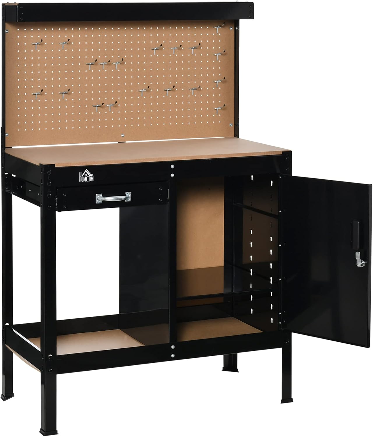 HOMCOM Multipurpose Workbench, Workshop Tool Table with Slide Drawer. Peg Board, Storage Cabinet with Keys