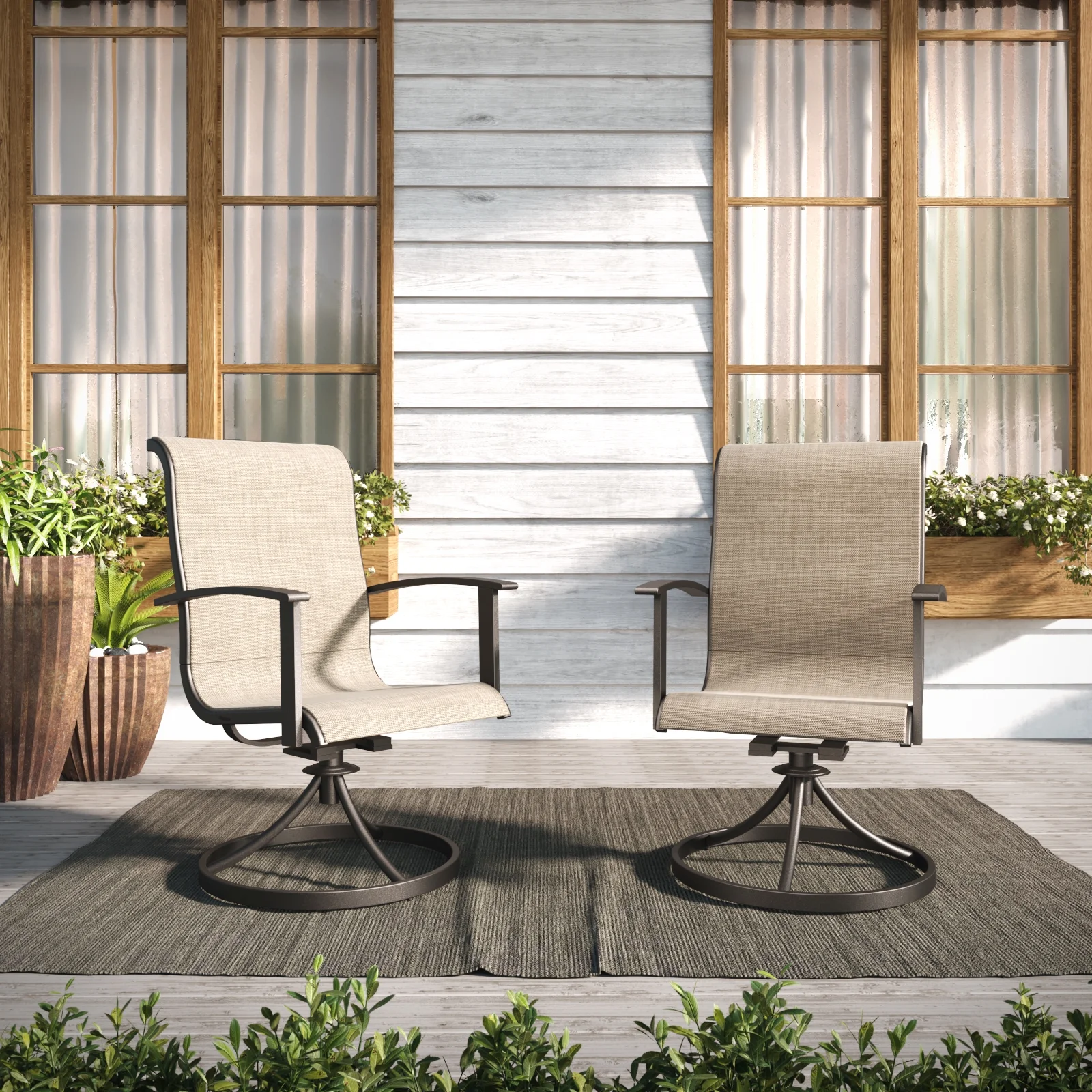 Grand Patio Outdoor Patio Swivel Chairs Set of 2 Dining Chairs, All-weather Sling Patio Rocking Chairs with Metal Frame, Mixed Coffee