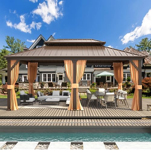 MELLCOM 10'x13' Hardtop Gazebo with Polycarbonate Double Roof, Aluminum Frame Outdoor Gazebo Permanent Pavilion with Curtains and Netting for Patio