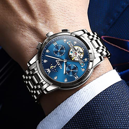 OLEVS Automatic Watches for Men Diamond Luxury Dress Tourbillion Moon Phase Two Tone Stainless Steel Luminous Waterproof Men Wrist Watch