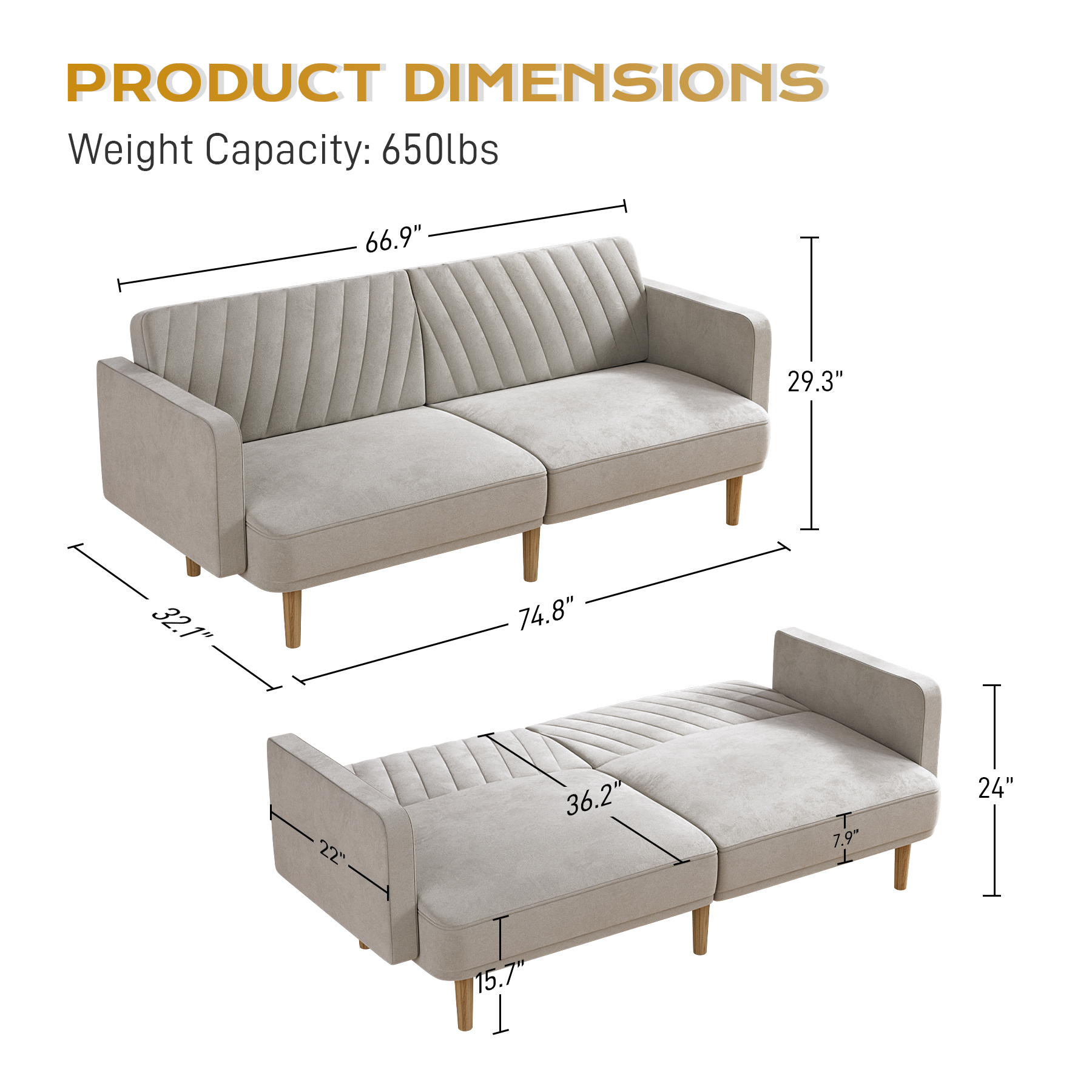 Rophefx Upholstered Tufted Velvet Futon Sofa Bed with 2 Pillows, Modern Convertible Futon Couch with 3 Adjustable Backrest Angles for Apartment