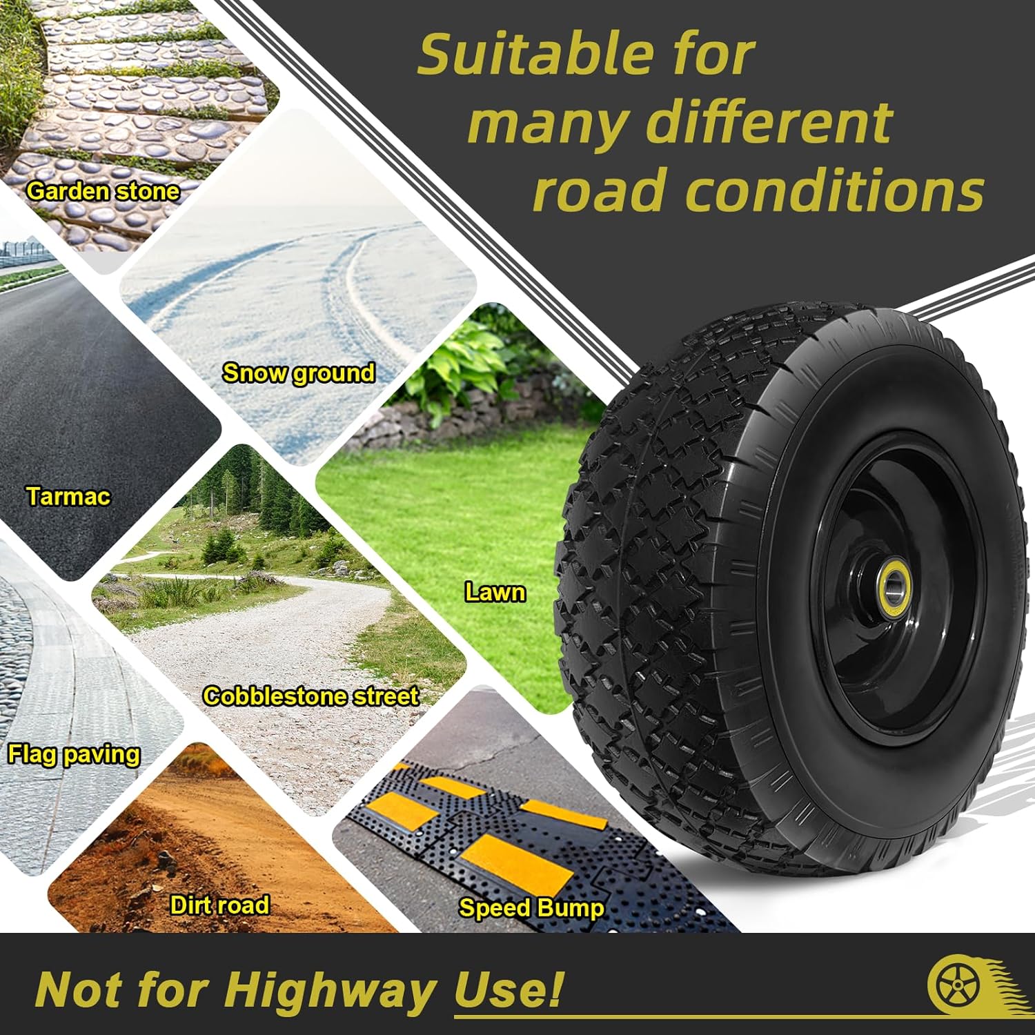 13” Tire and Wheel Flat Free, Replacement Solid Tire and Wheel Assemblies with 5/8” Axle Bore Hole and Double Sealed Bearings