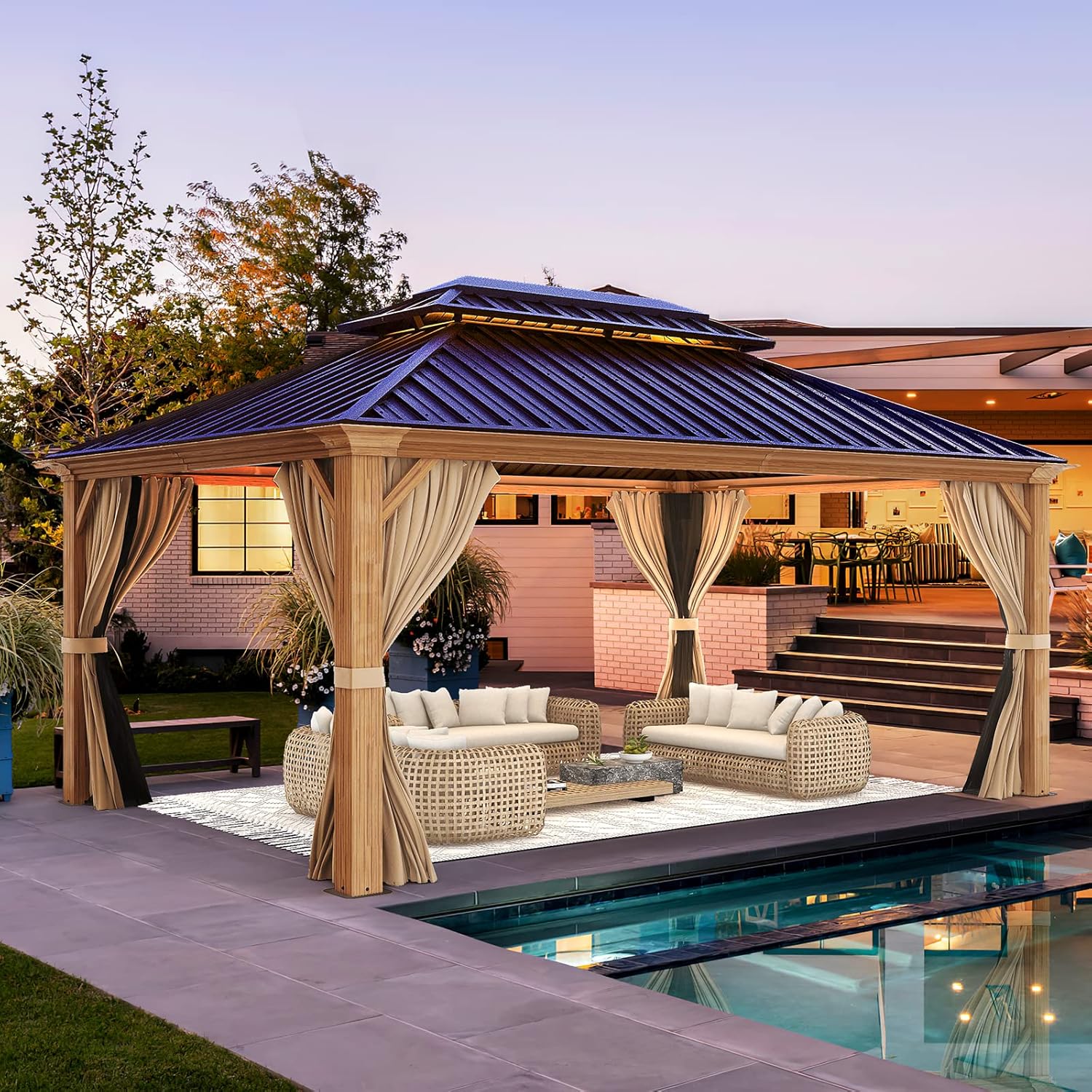 YOLENY 12' x 16' Gazebo, Hardtop Wood-Looking Gazebo with Galvanized Steel Double Roof, Aluminum Frame with Netting and Curtains for Deck, Backyard