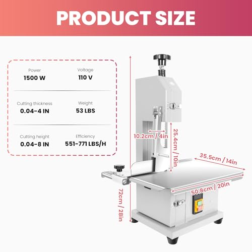 1500W Electric Bone Saw Machine | 20" x 15" Meat Cutting Table | Stainless Steel Bandsaw Machine | 0.04-8" Cutting Thickness with 8 Saw Blades |