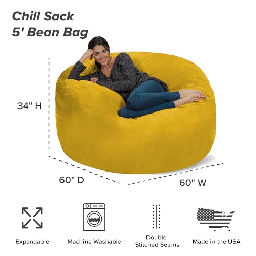 Chill Sack Bean Bag Chair - 5' Giant Memory Foam Lounge Chair with Soft Microfiber Cover – Cozy Furniture for Living Room, Dorm