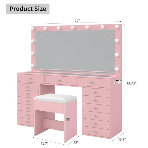 55" W Vanity Desk, Makeup Vanity with Charging Station, 15 Drawers with Lighted Mirror, 3 Lighting Modes, Brightness Adjustable, Glass Top