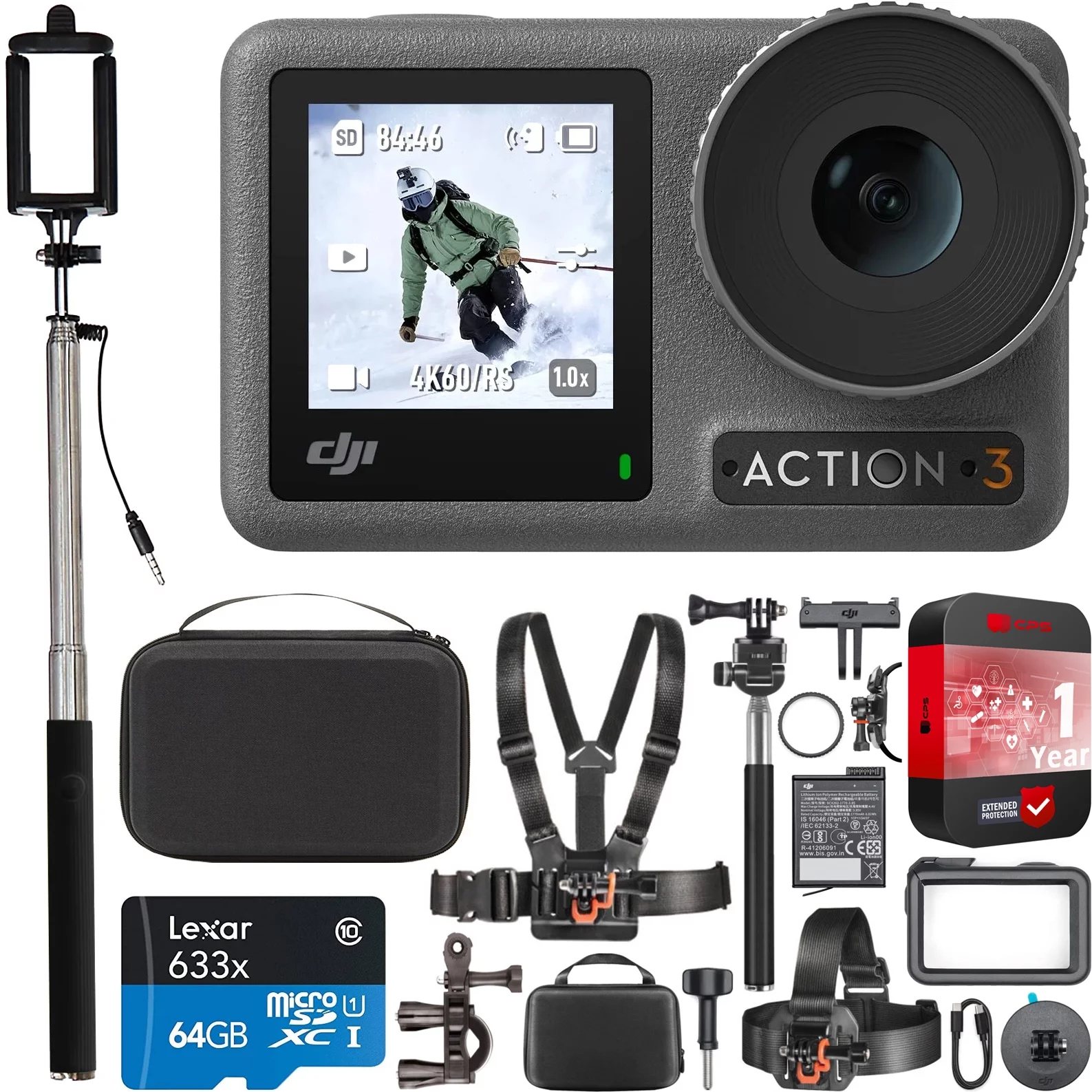 DJI Osmo Action 3 Standard Combo Outdoor Action Camera 4K HDR Vlog Bundle with Extended Protection + Deco Gear Chest/Head/Helmet/Handlebar Attachment