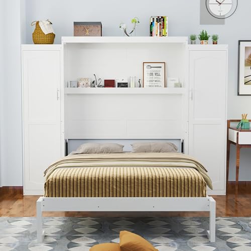Harper & Bright Designs Full Size Murphy Bed, Wood Full Wall Bed with Two Closets and Storage Shelf