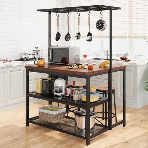 Kitchen Island with Storage, Bakers Rack with Power Outlet, Island Table for Kitchen,3 Tier Microwave Stand Oven Shelf,Large Coffee Bar Table