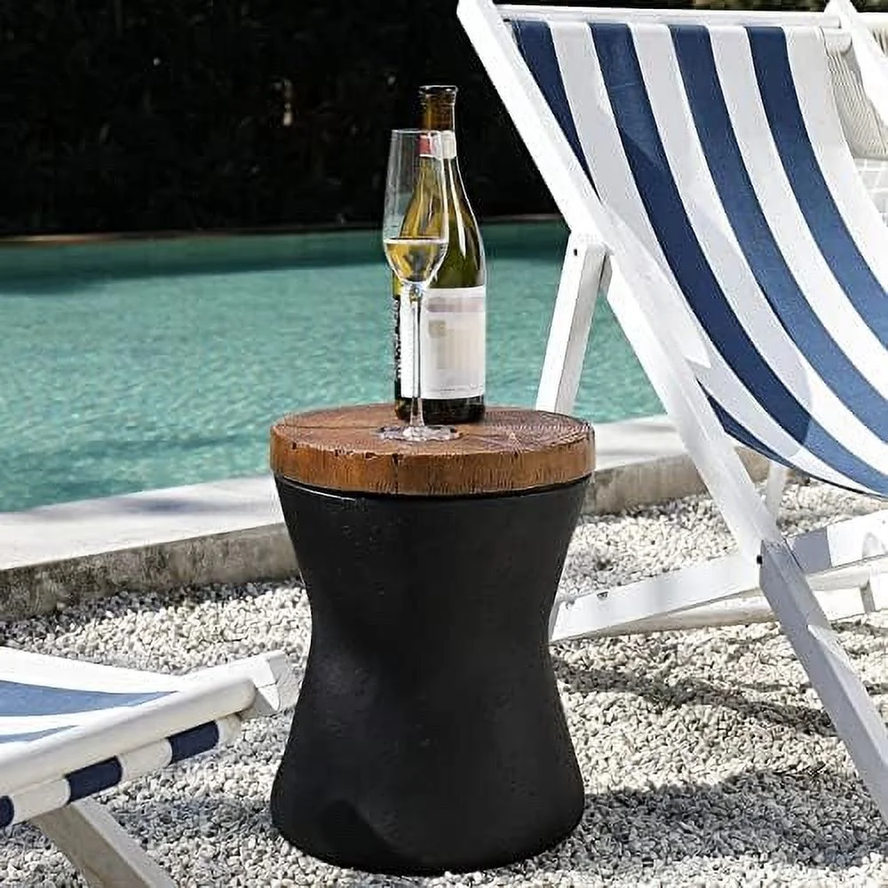 Drum End Table Cylinder Shaped Concrete Side Table Faux-Wood Top  Black Outdoor Accent Table with Tree Trunk Slice Hand Painted  Accent Stool