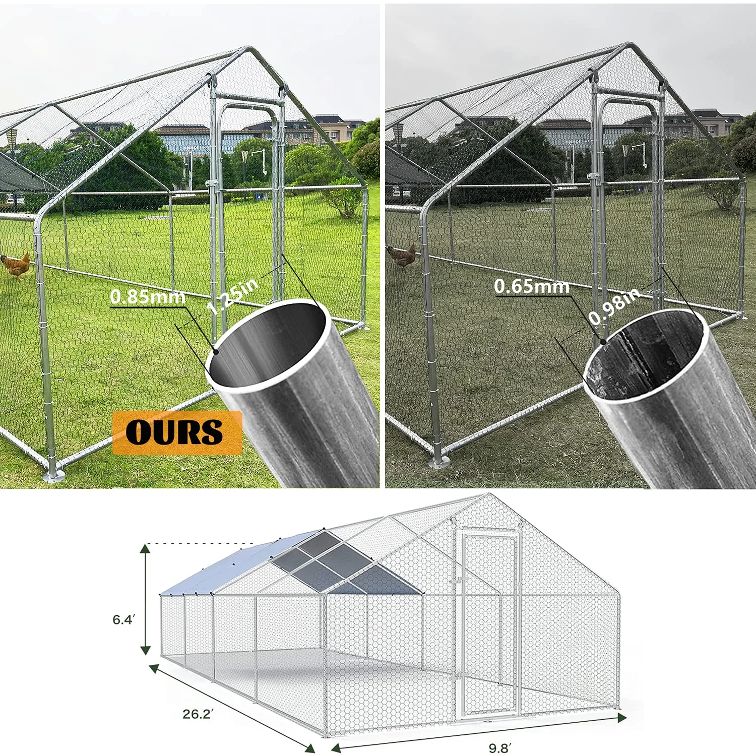 Large Chicken Run Coop 10x26ft Metal Hen House Geeloon Walk-in Poultry Cage W/ Cover
