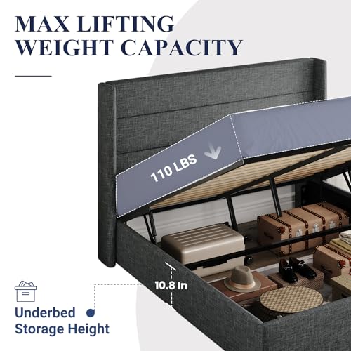 Allewie Full Size Lift Up Storage Bed, Modern Wingback Headboard, Hydraulic Support, No Box Spring Needed, Light Beige