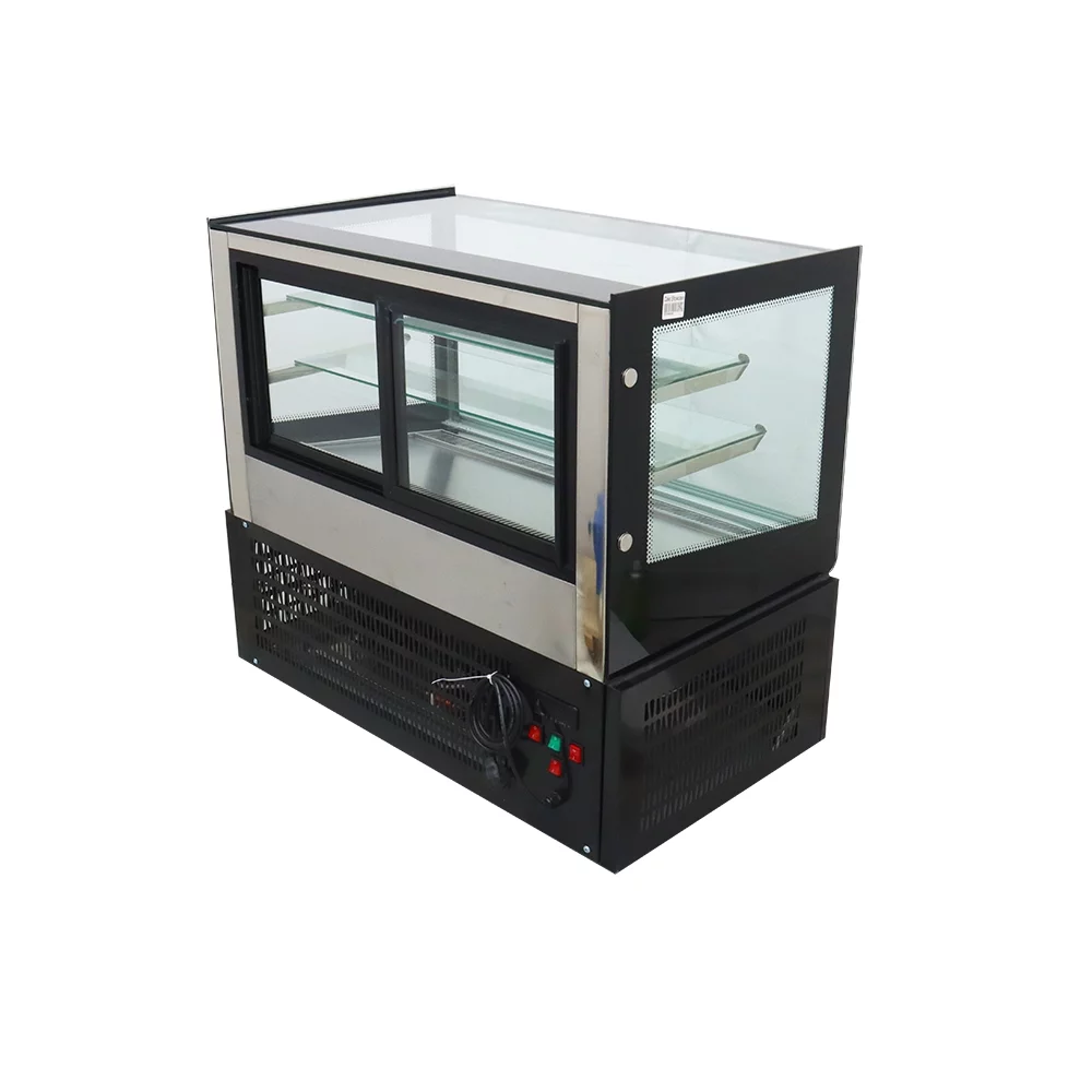 INTSUPERMAI 35" Refrigerated Cake Showcase Cooling Display Case Bakery Cabinet Defrost Right Angle 2-layer Back Sliding Door Desktop 220V
