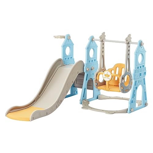 4-in-1 Toddler Slide and Swing Set with Extra Large Playground, Basketball Hoop & Climber, Indoor/Outdoor Playset, Castle Collection - Blue & Yellow