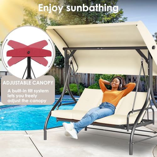TLSUNNY 3-Seat Outdoor Patio Porch Swing with Adjustable Canopy & Backrest, Convertible Glider Bed with Stand, Removable Seat Cushion