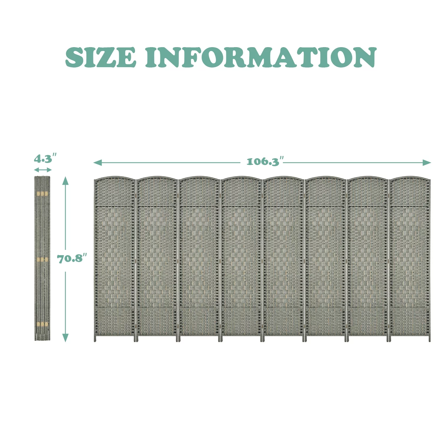 EXCITED WORK 5.7ft Wood Fiber Woven Room Divider 8 Panels, Foldable Mobile Grey Wood Room Divider, Oriental Style Furniture Space Divider