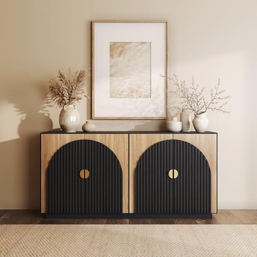 BELLEZE 65 Inch Fluted Buffet Cabinet with Storage, Symmetrical Arc Accent Sideboard Large Console Table for Dining Room, Kitchen