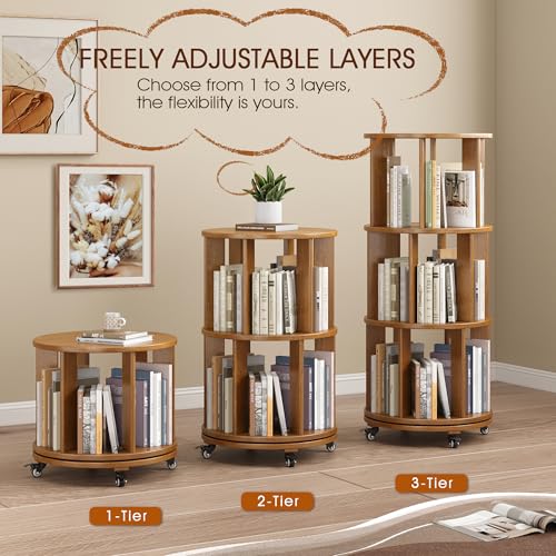 6 Tier Rotating Bookshelf Tower Spinning Bookshelf with Swivel Wheels Book Shelf Rotating Storage Tower for Kids Adult Narrow Walnut Solid Wood