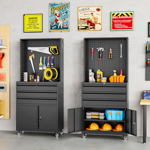 SISESOL Metal Storage Cabinet with Wheels and Drawers,Rolling Garage Storage Cabinet with Lock,Black Metal Tool Cabinet with Hooks