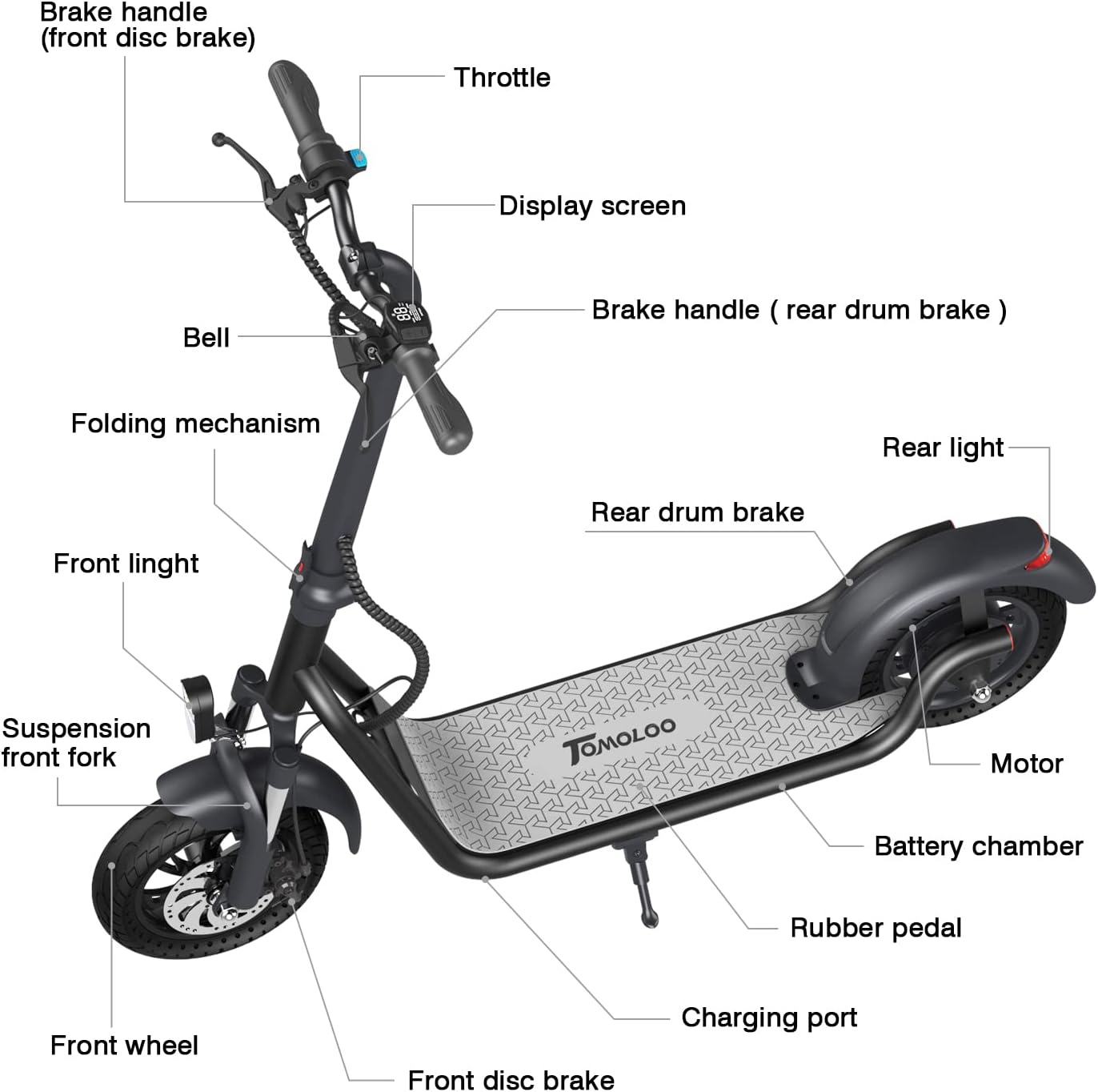 TOMOLOO Electric Kick Scooter - 350W Brushless Motor, 50 Miles Long-Range Battery, Foldable Scooter Electric for Commute and Trave