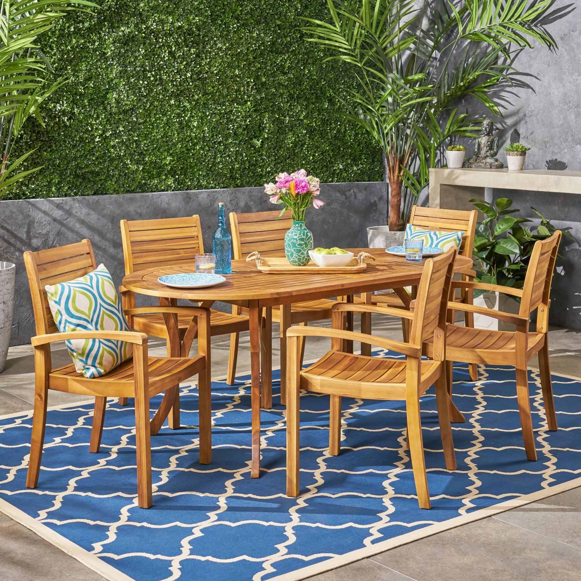 Noble House Holloway 7 Piece Wooden Oval Patio Dining Set in Teak