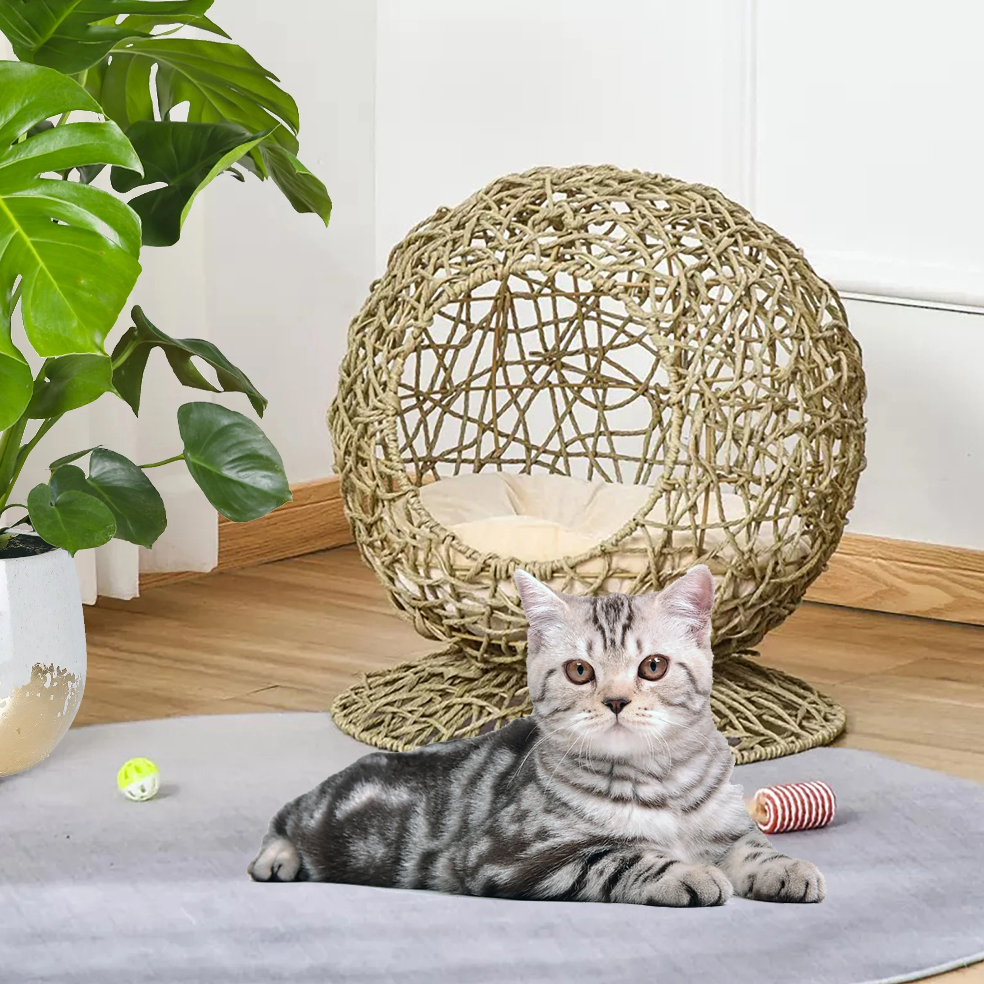 Glavbiku Rattan Elevated Cat Bed Kitty Condo with Soft Cushion,Wicker and Round Base, Brown