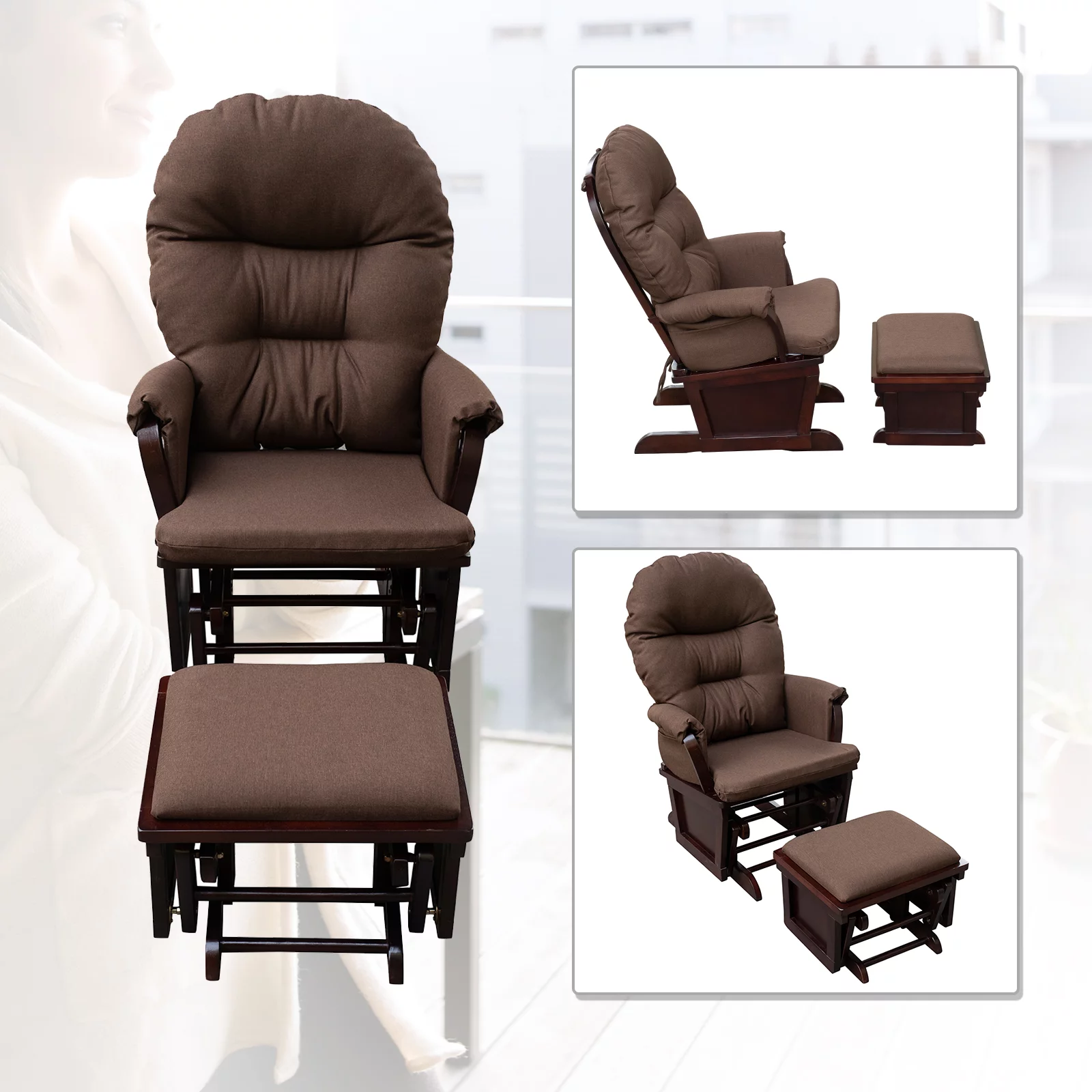 HOMCOM Nursery Glider Rocking Chair with Ottoman, Thick Padded Cushion Seating and Wood Base, Brown
