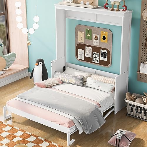 Queen Size Murphy Bed Wall Cabinet with 2 Wardrobe and Storage Shelf, Wooden Murphy Cube Wall Bed