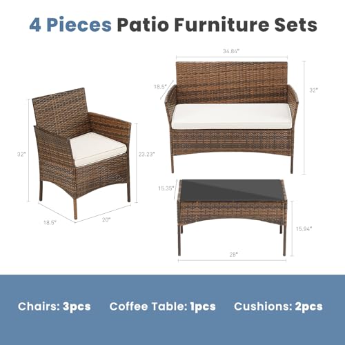 DUMOS Patio Furniture Set 4 Pieces, Outdoor Wicker Furniture with Coffee Table, Modern Rattan Patio Chairs Conversation Sets with Sofa for Garden